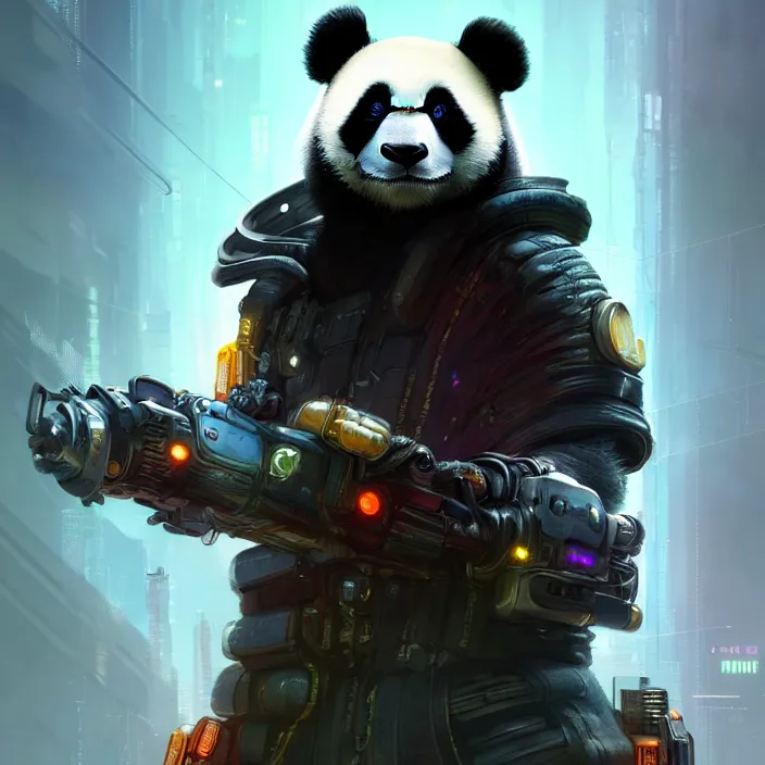 Image similar to cyberpunk panda, naturel, hyper detailed, digital art, trending in artstation, cinematic lighting, studio quality, smooth render, unreal engine 5 rendered, octane rendered, art style by klimt and nixeu and ian sprigger and wlop and krenz cushart.