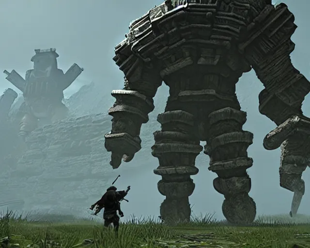 Image similar to big chungus in shadow of the colossus, as a colossus, screenshot