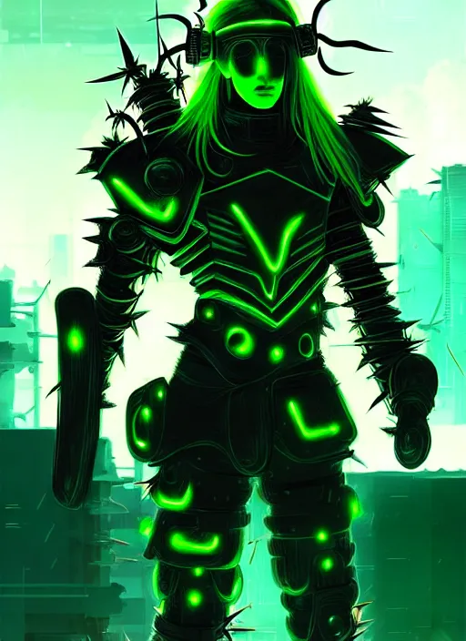 Image similar to a striking cinematic full body manga portrait of a male warrior with long blonde hair and blue eyes wearing evil green spiked cyberpunk armour and standing in the desolate burning ruins of a futuristic city by hirohiko araki and beeple, fine details, digital art, character concept art, volumetric lighting, cinematic light, photorealistic