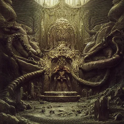 Image similar to the throne of reason | highly detailed matte painting, hyperrealistic, very intrincate | cinematic lighting, award - winning | by rachel ruysch, giger, beksinski and bocklin | by austin osman spare and william blake, trending on artstation, cgsociety, official art, octane.