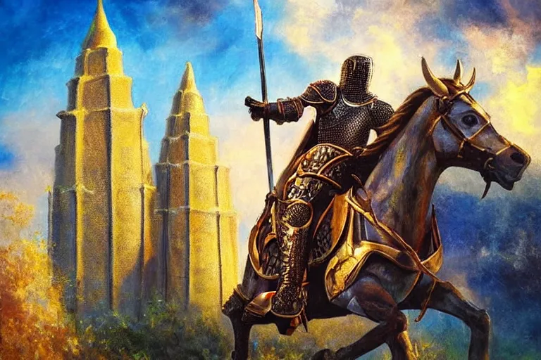 Image similar to knight, temple, fantasy, painting, ultra realistic!!!, clear weather, golden hour, sharp focus