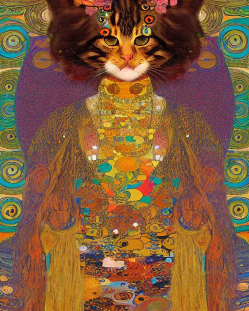 Image similar to hippie cat portrait an oil painting splashes with many colors and shapes by gustav klimt greg rutkowski and alphonse mucha, polycount, generative art, psychedelic, fractalism, glitch art