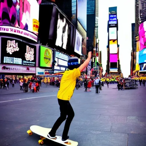 Image similar to a cool lemon riding a skateboard in times square new york