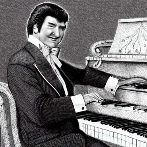 Image similar to pencil illustration of Liberace playing piano highly detailed, cinematic,