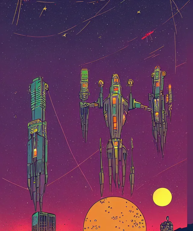 Prompt: gigantic solar robots towering over a small city meteor in the dark starry sky by laurie greasley and kelly freas