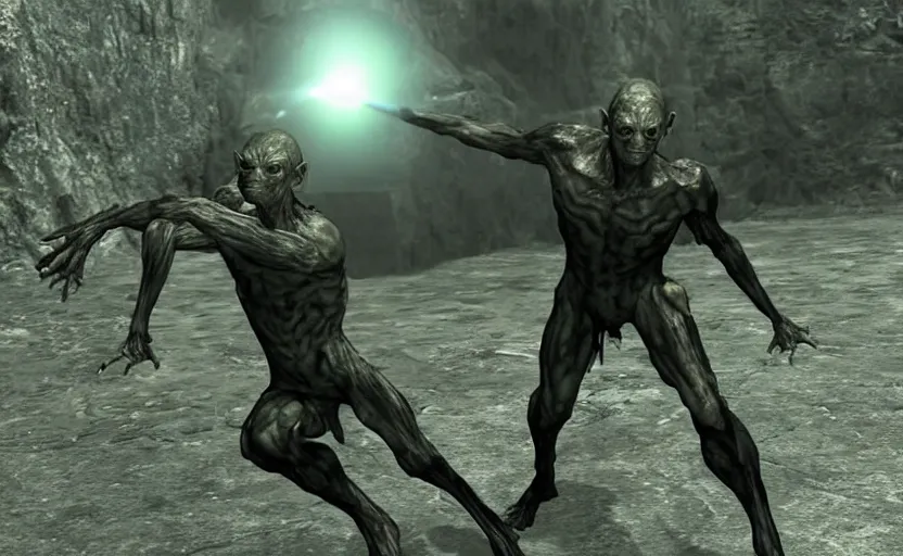 Image similar to a screenshot of gollum in metal gear solid 3,