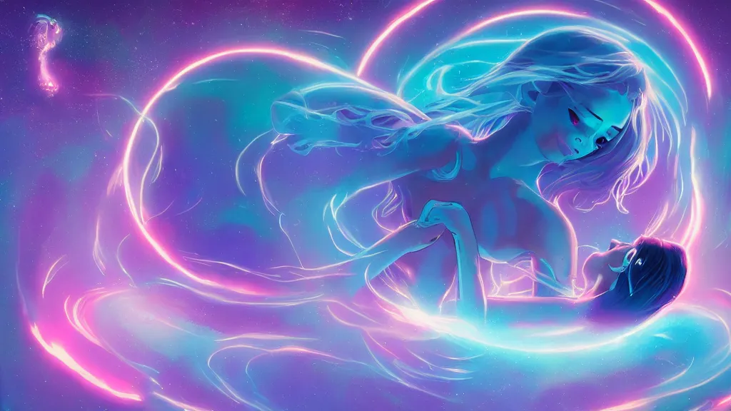 Image similar to a beautiful whimsical goddess floating above a lake basking in the moonlight, firebending, underneath a multi-colored binary blackhole with an accretion disc, glowing trails following her arms, synthwave, by Lois van Baarle, by Greg Rutkowski, by artgerm, by beeple, by studio ghibli, cinematic angle, volumetric lighting, 4k resolution, octane render, trending on artstation, masterpiece