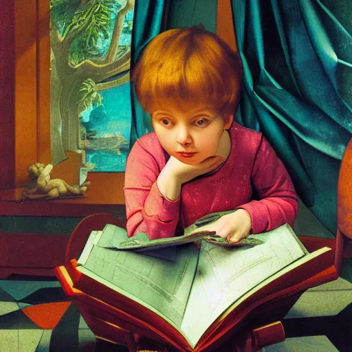 Prompt: illustration of a beautiful child reading books, portraied inside a futuristic maximalist hyperdetailed room. in the style of Caravaggio, Michelangelo, Paul Gauguin, Modigliani, with flemish baroque vibrant shiny maximalist 3d textures in soft pastel tones. matte background. HD 8x sharp