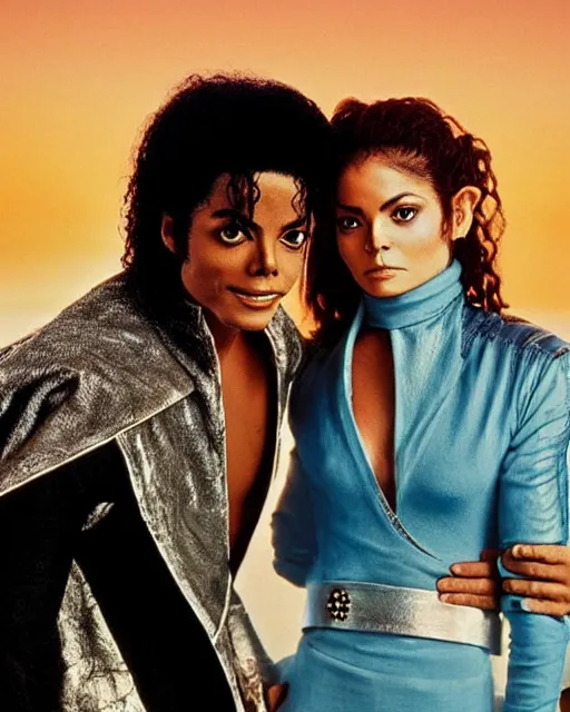 Image similar to 1 8 year old michael jackson as luke skywalker, with janet jackson as princess leia, studio lighting, star wars themed, beautiful tunisia desert at sunset, photoshoot in the styled of annie leibovitz