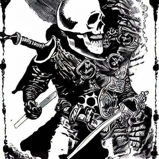 Prompt: A skull with a sword through it. Centered, Dark Fantasy, Film Noir, Black and White. High Contrast, Mike Mignola, D&D, OSR