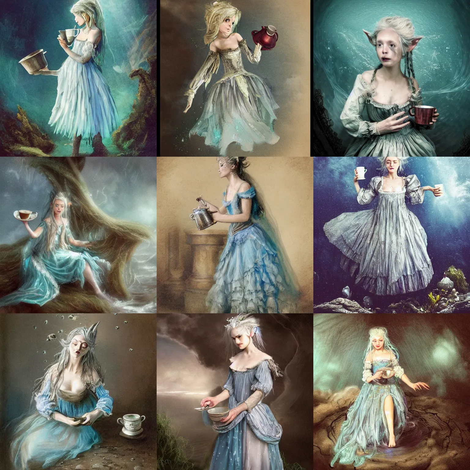 Image similar to A 18th century, messy, silver haired, (((mad))) elf princess, dressed in a ((ragged)), wedding dress, is ((drinking a cup of tea)). Everything is underwater and floating. Greenish blue tones, theatrical, (((underwater lights))), fantasyconcept art, inspired by John Singer Sargent's Lady Macbeth