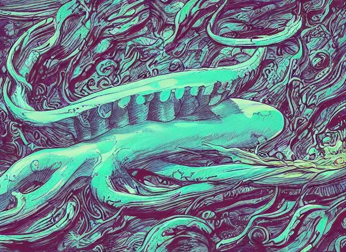 Prompt: a study of cell shaded cartoon of a giant squid underwater, road, illustration, wide shot, subtle colors, post grunge, concept art by josan gonzales and wlop, by james jean, Victo ngai, David Rubín, Mike Mignola, Laurie Greasley, highly detailed, sharp focus, alien, Trending on Artstation, HQ, deviantart, art by artgem