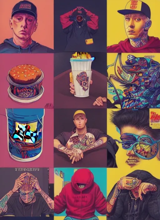 Image similar to eminem at mcdonalds, tristan eaton, victo ngai, artgerm, rhads, ross draws