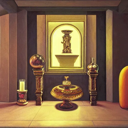 Image similar to still life painting of a room with a marbled pedestal displaying an ancient holy artifact centered in frame and shaped like a torus, chromed and ornate with gentle iridescent shine from within. perspective from the side and centered. realistic light and shadows. moody fantasy magical, still life renaissance pastel painting. focused