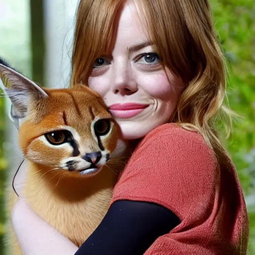 Image similar to Emma Stone holding a cute caracal