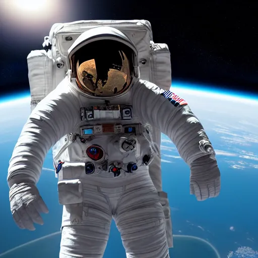 Image similar to astronaut in space wearing a spacesuit floating outside space station, highly detailed, photorealistic portrait, bright studio setting, studio lighting, crisp quality and light reflections, unreal engine 5 quality render