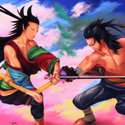 Image similar to yasuo vs yone, oil paint