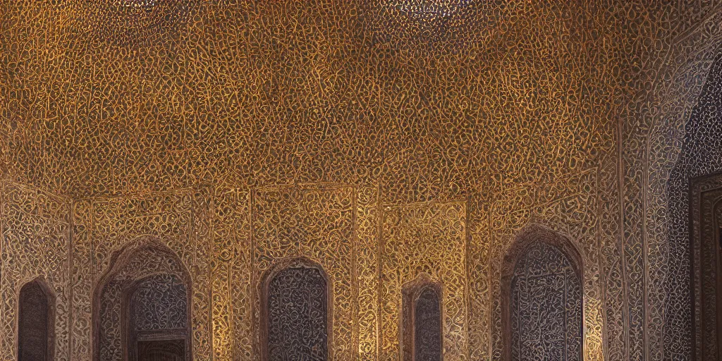 Image similar to an iwan with intricate muqarnas made of glowing obsidian and white marble, beautiful, volumetric lighting, cinematic lighting, golden hour