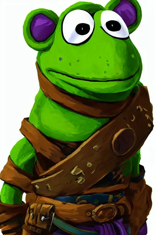 Prompt: an in game portrait of kermit from the legend of zelda breath of the wild, breath of the wild art style.