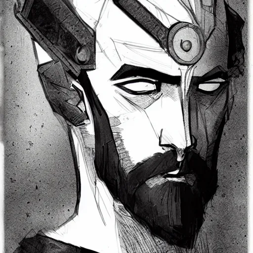 Image similar to very attractive man with beard, body full, strong masculine features, 3/4 front view, slim, short hair, 35 years old, epic character design, defensive pose, sophisticated clothing with some steampunk elements, command presence, royalty, weathered face, smooth, sharp focus, organic, appealing, book cover, deep shadows, by Dave McKean sketch lineart for character design