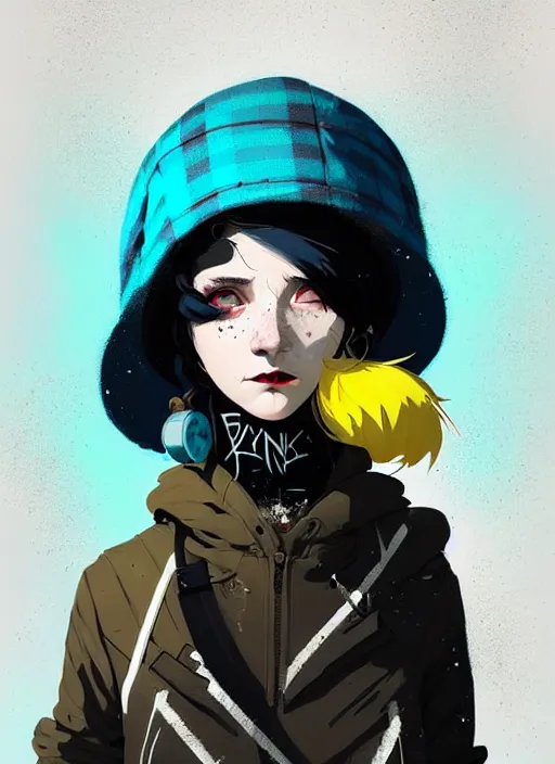 Prompt: highly detailed portrait of a sewer punk lady student, blue eyes, tartan hoody, hat, white hair by atey ghailan, by greg rutkowski, by greg tocchini, by james gilleard, by joe fenton, by kaethe butcher, gradient yellow, black, brown and cyan color scheme, grunge aesthetic!!! ( ( graffiti tag wall ) )
