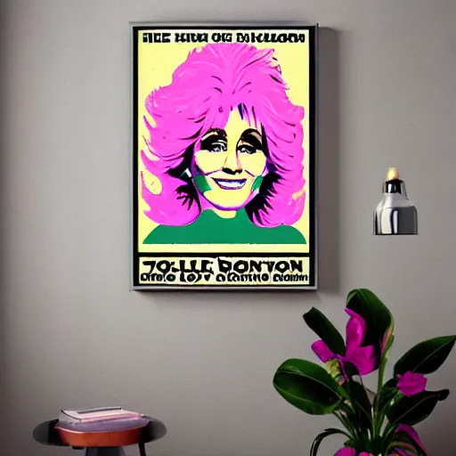 Image similar to 70s graphic design poster with a Dolly Parton’s face, flower child, groovy, retro, hippie, pink tones