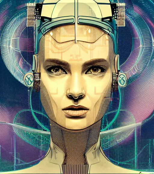 Prompt: female face on a backdrop of data, Industrial Scifi, detailed illustration, character portrait, by Martin Grip and Moebius