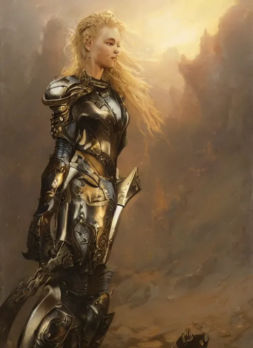 Image similar to blonde short haired muscular woman wearing medieval black armour, detailed by gaston bussiere, bayard wu, greg rutkowski, giger, maxim verehin, greg rutkowski, masterpiece, sharp focus, cinematic lightning