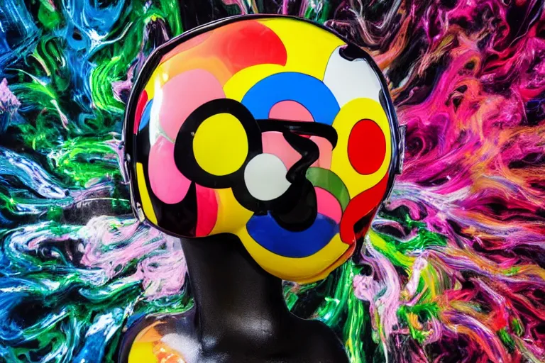 Image similar to photo of a glossy black marble statue of a girl with colorful motocross logos and motorcycle helmet with reflective mirrored visor, colorful smoke in the background, carved marble statue, fine art, in the style of takashi murakami,