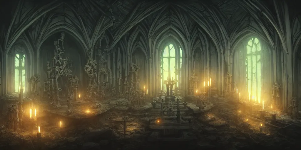 Image similar to full color, low ultrawide interior shot of sedlec ossuary, bones, smooth concept art in anime style mixed with fujifilm, dark, foggy, atmospheric, artstation, cgsociety, rendered, denoise, cinematic masterpiece