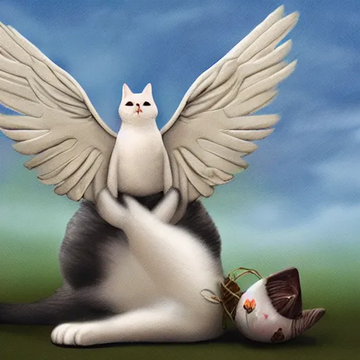 Image similar to cat playing with the dove of peace, photorealistic, detailed