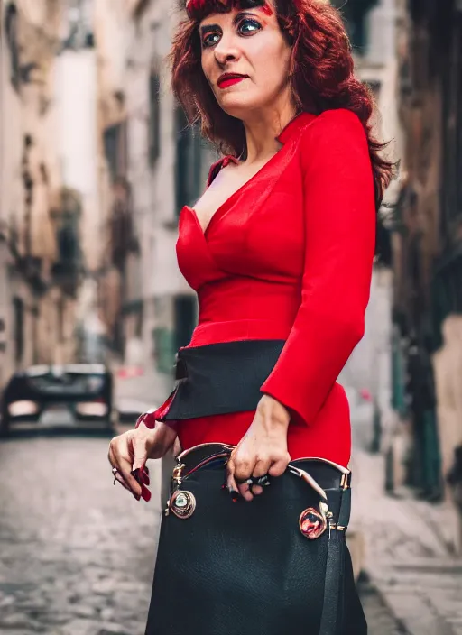 Prompt: color Close-up portrait of a beautiful 35-year-old Italian woman, wearing a red outfit, candid street portrait in the style of Mario Testino award winning, Sony a7R