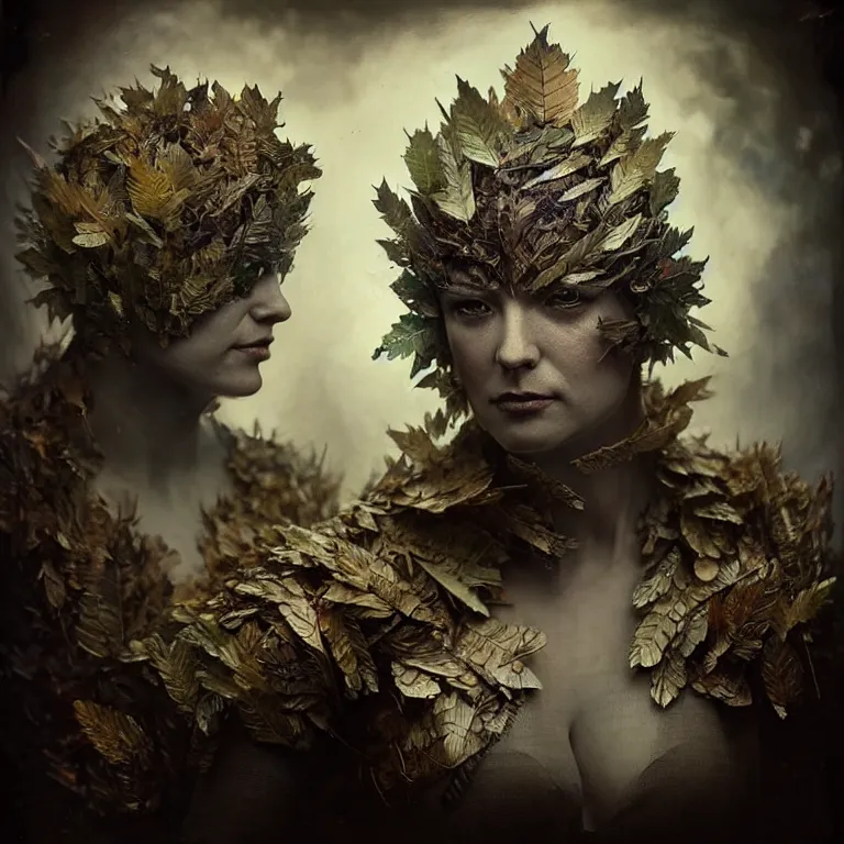 Image similar to old tintype photo of a wonderful realistic armour made of leaves, dramatic light, dystopian environment, intricate, elegant, highly detailed, centered headdress, no face, artstation, concept art, sharp focus, artgerm, tomasz alen kopera, peter mohrbacher, donato giancola, joseph christian leyendecker, wlop, boris vallejo