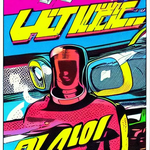 Image similar to alien male race car driver in a 70s comic book, retro, colorful, dynamic, futuristic