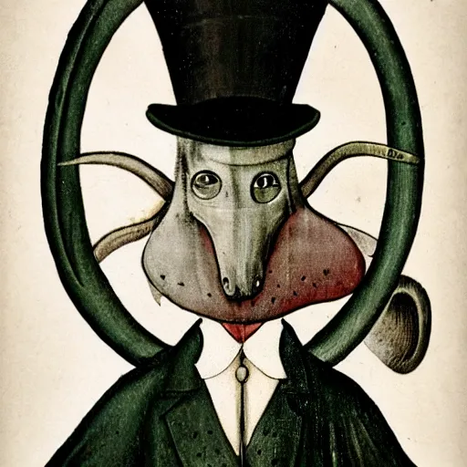 Image similar to Hieronymus Bosch creature wearing a suit and top hat