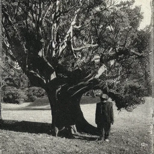 Image similar to shadow monster hiding behind a tree, vintage photo, eerie, 1920s