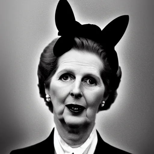 Image similar to Margaret Thatcher with cat ears and a maid outfit