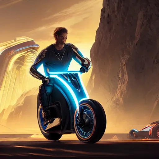 Image similar to tron legacy cycles racing in game by artgerm and greg rutkowski and alphonse mucha, zaha hadid, an epic fantasy, volumetric light, detailed, octane render, midsommar
