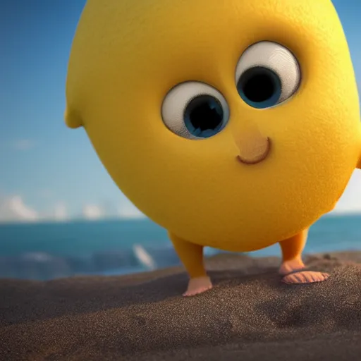 Image similar to a supercute cartoonnetwork lemon character, that is cute and good looking, it's is relaxing on a beach, by dalle - 2, octane render, 3 d, volumetric lightening,