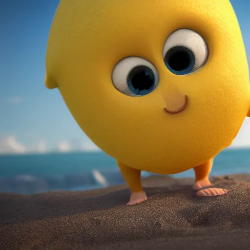 Prompt: a supercute cartoonnetwork lemon character, that is cute and good looking, it's is relaxing on a beach, by dalle - 2, octane render, 3 d, volumetric lightening,