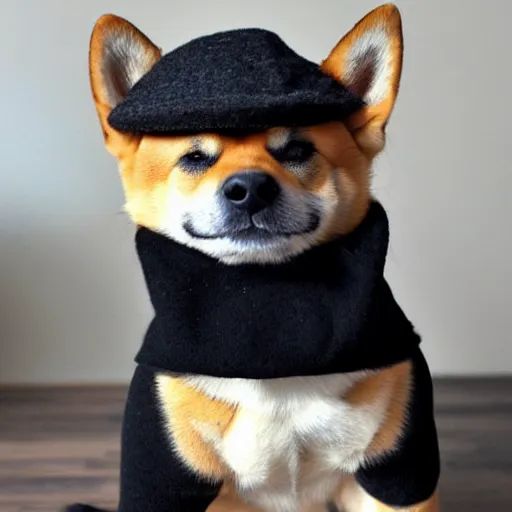 Image similar to A Shiba Inu dog wearing a beret and black turtleneck