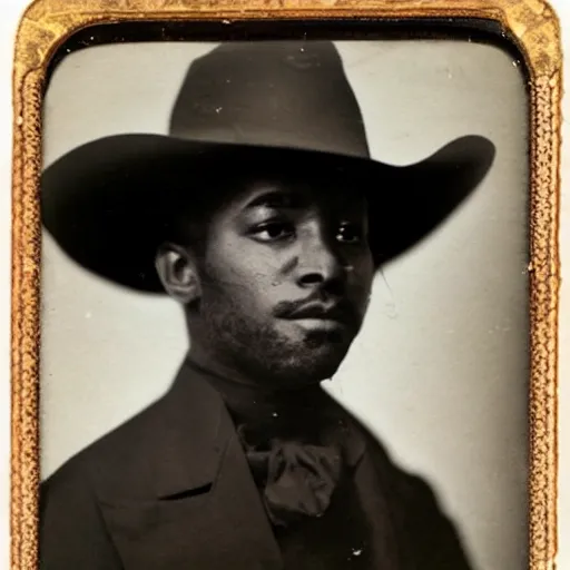 Image similar to Black man with comically large cowboy hat daguerreotype