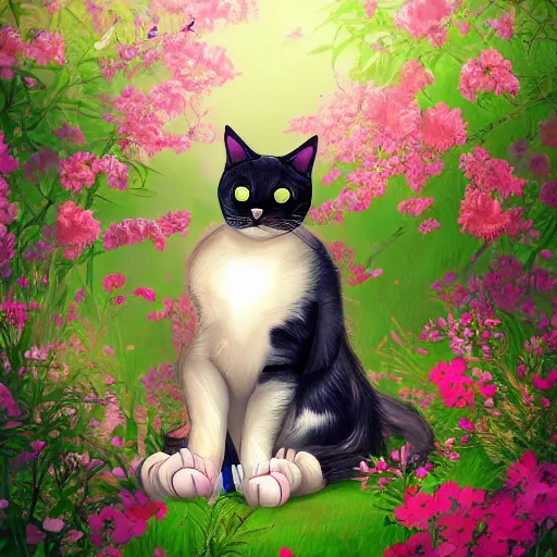 Image similar to photo of a cat in the blossoming garden, cat and flower, trending on artstation, super detailed, everything in a beautiful light, stylishly designed background, fantasy art, photoshop