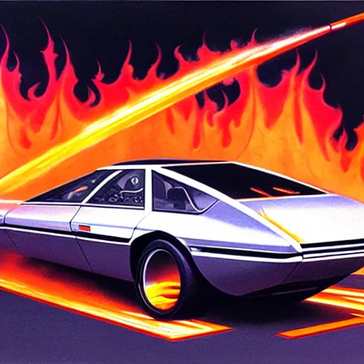 Image similar to concept art for a car with flame throwers, painted by syd mead, high quality