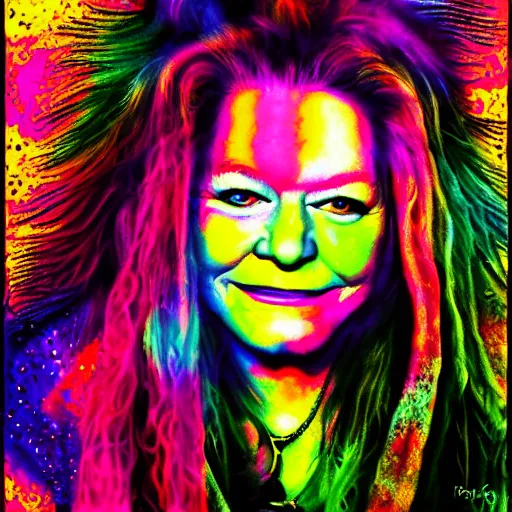 Image similar to portrait of janice joplin in psychedelic colors, painted by pablo amaringo