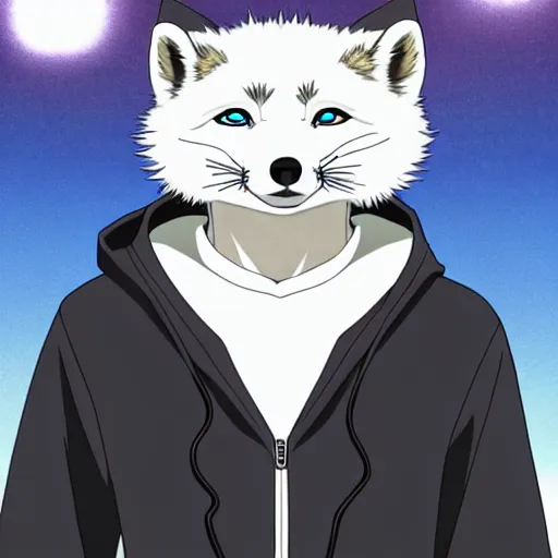 Image similar to key anime visual portrait of an anthropomorphic arctic fox fursona in a hoodie, handsome, official modern anime art