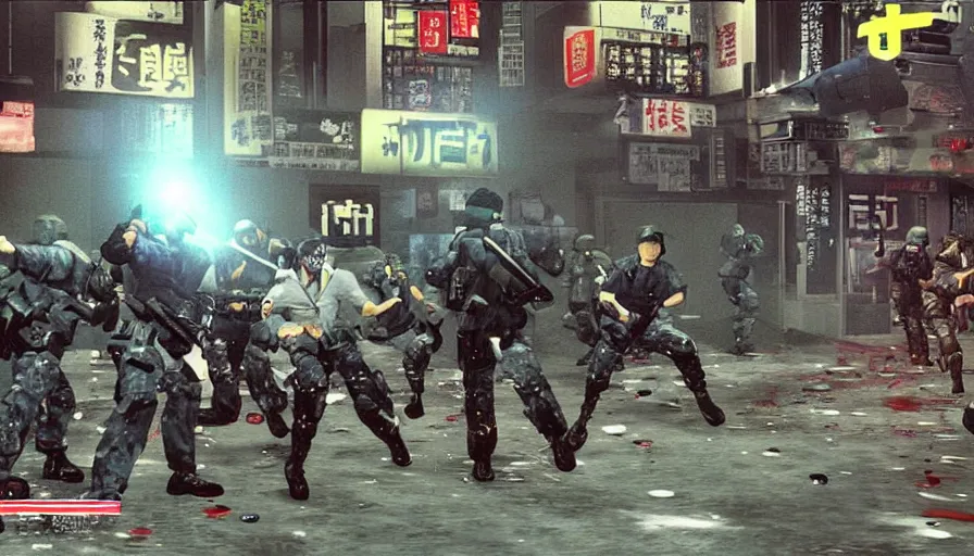 Image similar to 1994 Video Game Screenshot, Anime Neo-tokyo Cyborg bank robbers vs police, Set inside of the Bank Lobby, Multiplayer set-piece in bank lobby, Tactical Squad :9, Police officers under heavy fire, Police Calling for back up, Bullet Holes and Realistic Blood Splatter, :7 Gas Grenades, Riot Shields, Large Caliber Sniper Fire, Chaos, Anime Cyberpunk, Ghost in The shell Bullet VFX, Machine Gun Fire, Violent Gun Action, Shootout, :7 Inspired by Escape From Tarkov + Intruder + Akira + Guilty Gear Xrd :7 by Katsuhiro Otomo: 15