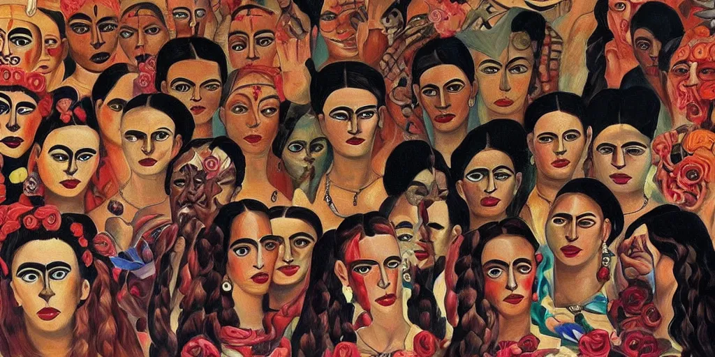 Image similar to The devil runs a group of people's lives in a big circle, Frida painting style.