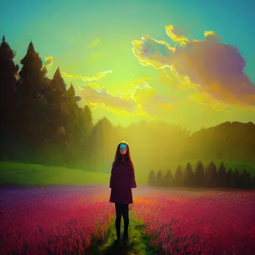 Prompt: girl with a flower face, surreal portrait, bizzare, dreamlike, standing in flower field, in a valley, sunrise dramatic light, impressionist painting, colorful clouds, artstation, simon stalenhag