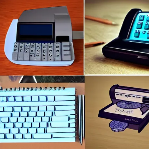 Image similar to cash register with a calculator on the right and a notepad on the left, 3 d art, 2 d art, 2 d realistic